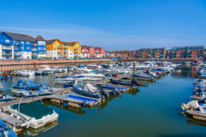 Exmouth, Devon, England, UK - April 2022: Colourful houses in the Exmouth Marina