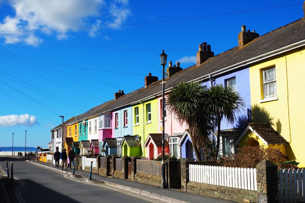 A row of coloured houses in Westward Ho! on the South West Coast Path