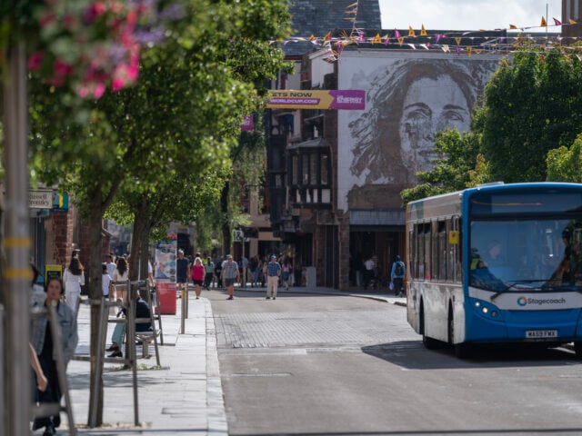 Stagecoach bus driving down Exeter high street
